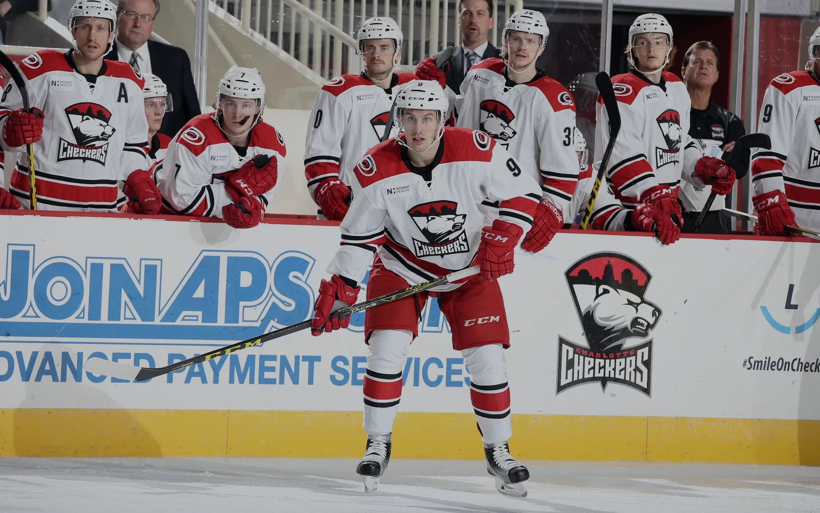 Coaches and players coordinating from the bench during a live hockey game